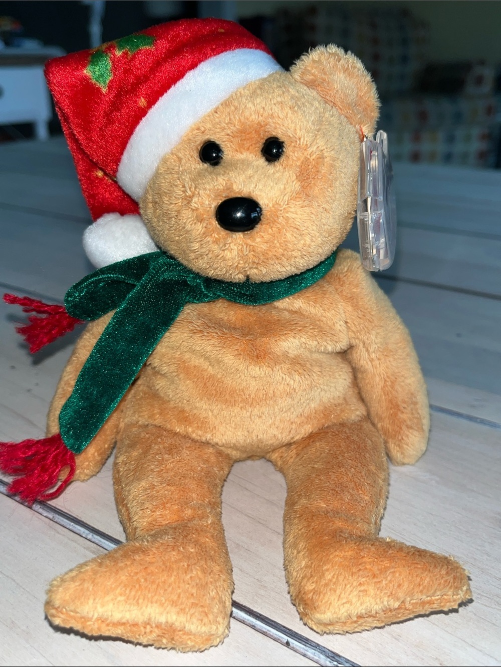 TY 2003 Holiday Teddy Beanie Baby Bear Plush with Red Santa Hat and Green Scarf